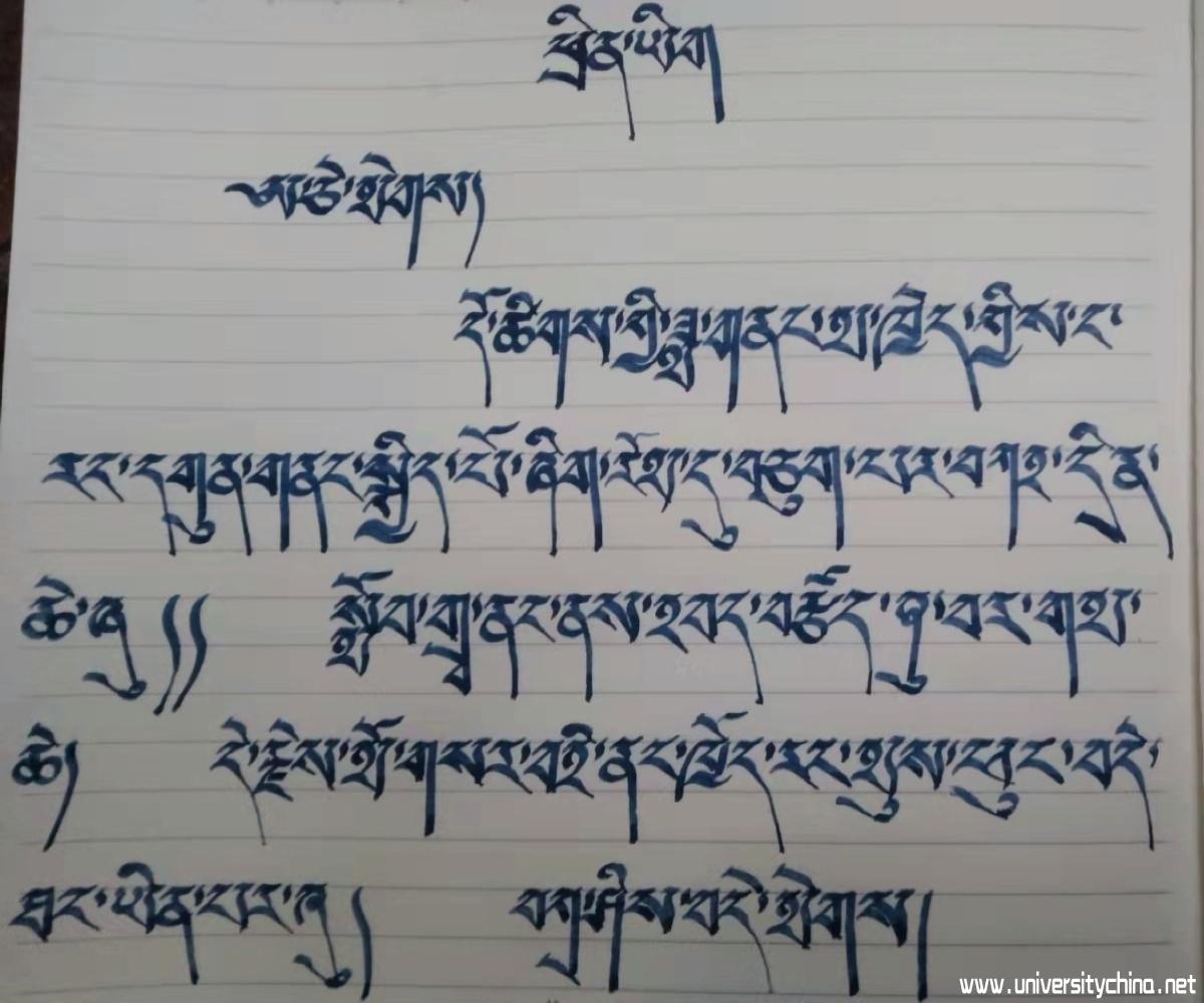 图为青海省少年多杰吉给南通大学志愿者张雅菲的手写藏语感谢信